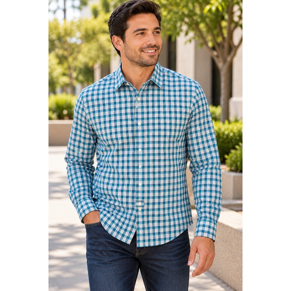 Bonobos Button Down Men Large Teal Plaid Slim Fit Long Sleeve Performance Shirt